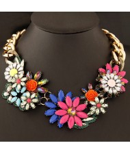 Luxurious Gems Mingled Wealthy Flowers Pendants Thick Golden Chain Costume Necklace - Rose and Blue
