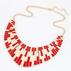 Oil-spot Glazed Fan-shaped Goden Pendant Statement Fashion Necklace - Red