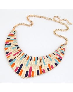 Oil-spot Glazed Fan-shaped Goden Pendant Statement Fashion Necklace - Blue Pink and Orange