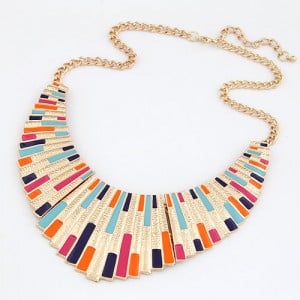 Oil-spot Glazed Fan-shaped Goden Pendant Statement Fashion Necklace - Blue Pink and Orange