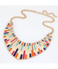 Oil-spot Glazed Fan-shaped Goden Pendant Statement Fashion Necklace - Blue Pink and Orange