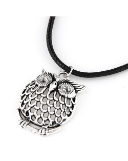 Hollow Vintage Silver Night Owl Pendant Wax Rope Costume Necklace