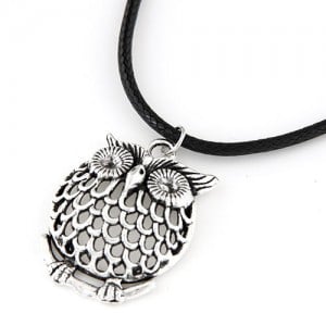 Hollow Vintage Silver Night Owl Pendant Wax Rope Costume Necklace