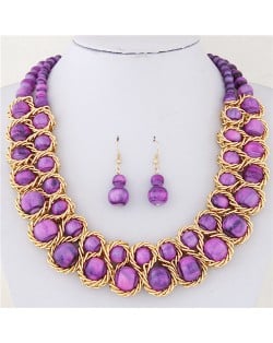Purple Beads Inlaid with Weaving Style Alloy Fashion Necklace and Gourd Shape Earrings Set