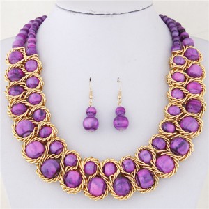 Purple Beads Inlaid with Weaving Style Alloy Fashion Necklace and Gourd Shape Earrings Set
