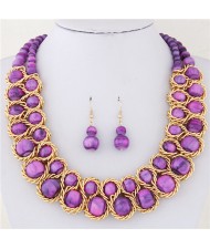 Purple Beads Inlaid with Weaving Style Alloy Fashion Necklace and Gourd Shape Earrings Set