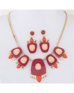 Geometric Floral Models Combined Design Statement Fashion Necklace and Earrings Set - Rose