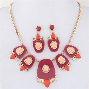 Geometric Floral Models Combined Design Statement Fashion Necklace and Earrings Set - Rose