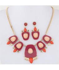 Geometric Floral Models Combined Design Statement Fashion Necklace and Earrings Set - Rose