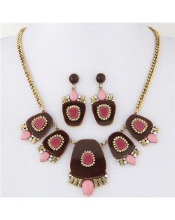 Geometric Floral Models Combined Design Statement Fashion Necklace and Earrings Set - Brown