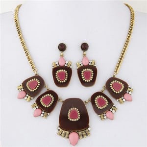 Geometric Floral Models Combined Design Statement Fashion Necklace and Earrings Set - Brown