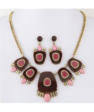 Geometric Floral Models Combined Design Statement Fashion Necklace and Earrings Set - Brown