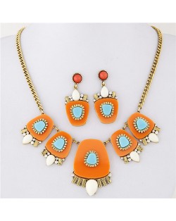 Geometric Floral Models Combined Design Statement Fashion Necklace and Earrings Set - Yellow