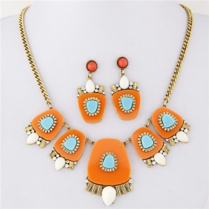 Geometric Floral Models Combined Design Statement Fashion Necklace and Earrings Set - Yellow