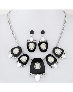 Geometric Floral Models Combined Design Statement Fashion Necklace and Earrings Set - Black