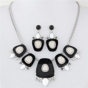 Geometric Floral Models Combined Design Statement Fashion Necklace and Earrings Set - Black