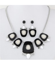 Geometric Floral Models Combined Design Statement Fashion Necklace and Earrings Set - Black