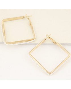 Mini Beads Rimmed Design Golden Square Fashion Earrings - White