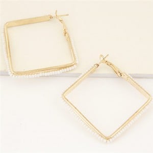 Mini Beads Rimmed Design Golden Square Fashion Earrings - White