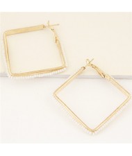 Mini Beads Rimmed Design Golden Square Fashion Earrings - White