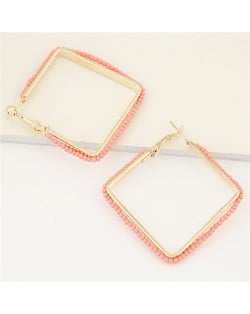 Mini Beads Rimmed Design Golden Square Fashion Earrings - Pink