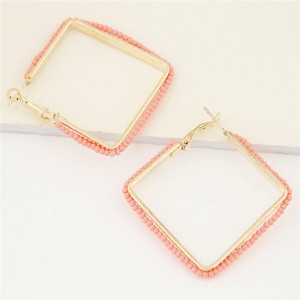 Mini Beads Rimmed Design Golden Square Fashion Earrings - Pink