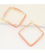 Mini Beads Rimmed Design Golden Square Fashion Earrings - Pink