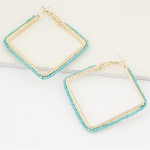 Mini Beads Rimmed Design Golden Square Fashion Earrings - Teal