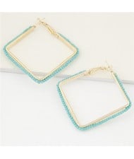 Mini Beads Rimmed Design Golden Square Fashion Earrings - Teal