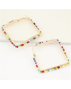 Mini Beads Rimmed Design Golden Square Fashion Earrings - Multicolor