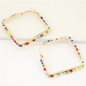 Mini Beads Rimmed Design Golden Square Fashion Earrings - Multicolor