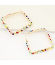 Mini Beads Rimmed Design Golden Square Fashion Earrings - Multicolor
