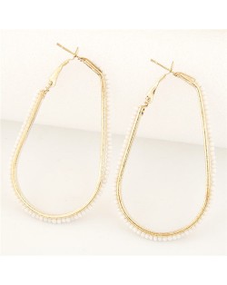Mini Beads Rimmed Golden Waterdrop Shape Fashion Ear Clips - White