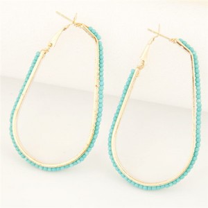 Mini Beads Rimmed Golden Waterdrop Shape Fashion Ear Clips - Teal