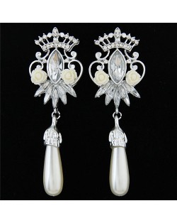 Resin Rose and Rhinestone Decorated Crown and Flower with Dangling Waterdrop Design Fashion Ear Studs - Silver