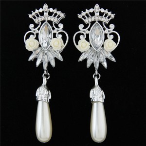 Resin Rose and Rhinestone Decorated Crown and Flower with Dangling Waterdrop Design Fashion Ear Studs - Silver