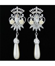 Resin Rose and Rhinestone Decorated Crown and Flower with Dangling Waterdrop Design Fashion Ear Studs - Silver