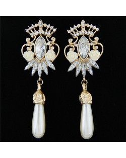 Resin Rose and Rhinestone Decorated Crown and Flower with Dangling Waterdrop Design Fashion Ear Studs - Golden