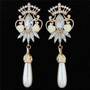 Resin Rose and Rhinestone Decorated Crown and Flower with Dangling Waterdrop Design Fashion Ear Studs - Golden
