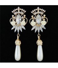 Resin Rose and Rhinestone Decorated Crown and Flower with Dangling Waterdrop Design Fashion Ear Studs - Golden