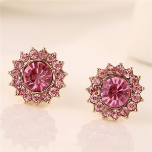 Korean Sweet Fashion Rhinestone Embedded Pinky Flower Ear Studs
