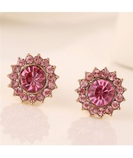 Korean Sweet Fashion Rhinestone Embedded Pinky Flower Ear Studs
