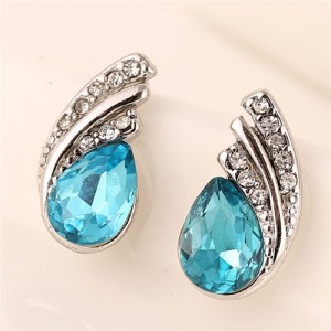 Korean Fashion Ocean Blue Rhinestone Inlaid Angel Tears Design Ear Studs
