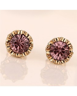 Purple Rhinestone Inlaid Sweet Golden Rimmed Flower Design Fashion Ear Studs