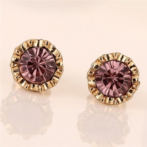 Purple Rhinestone Inlaid Sweet Golden Rimmed Flower Design Fashion Ear Studs