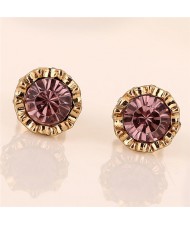 Purple Rhinestone Inlaid Sweet Golden Rimmed Flower Design Fashion Ear Studs