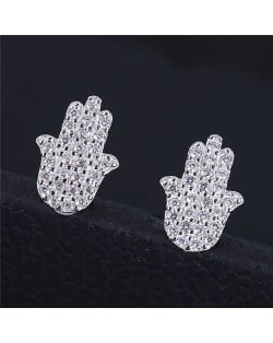 Cubic Zirconia Embellished Hand of Fatima Silver Fashion Ear Studs
