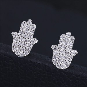 Cubic Zirconia Embellished Hand of Fatima Silver Fashion Ear Studs