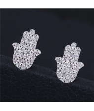 Cubic Zirconia Embellished Hand of Fatima Silver Fashion Ear Studs