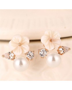 Vivid Seashell Flower with Pearl and Cubic Zirconia Embellished Design Copper Fashion Ear Studs - Rose Gold